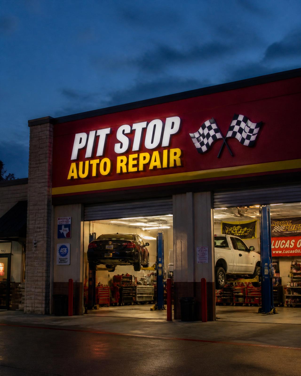 Pit Stop Auto Repair storefront in Stafford, TX — red signage and open service bays